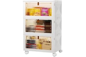 YFXCVSL 3 Tier Plastic Storage Bins with Lids 36QT, Stackable Storage Containers with Wheels, Folding Storage Boxes, Collapsible Storage Bins, Closet Organizers and Storage for Living Room,Office,Dorm