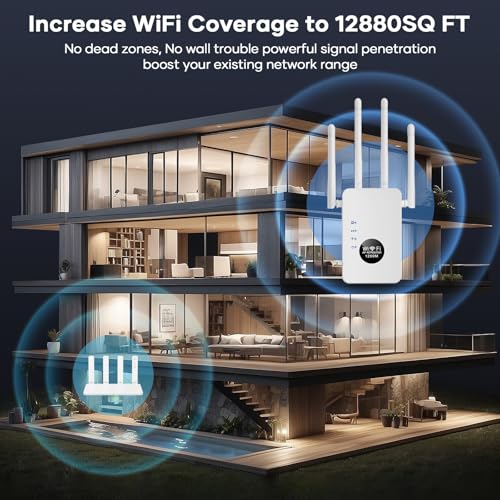 WiFi Repeater,WiFi Extender Signal Booster, 1200 Mbps Covers Up to 12880 Sq.ft and 60 Devices,WiFi Booster Dual Band 5GHz&2.4GHz for Home with Ethernet Port (White)