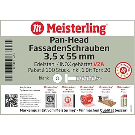 Meisterling® Pan – Head FassadenSchrauben 3,5 x 55 mm in V2A Edelstahl/INOX, blank, 2/3 Grobgewinde, mit Torx-Aufnahme T-20, 