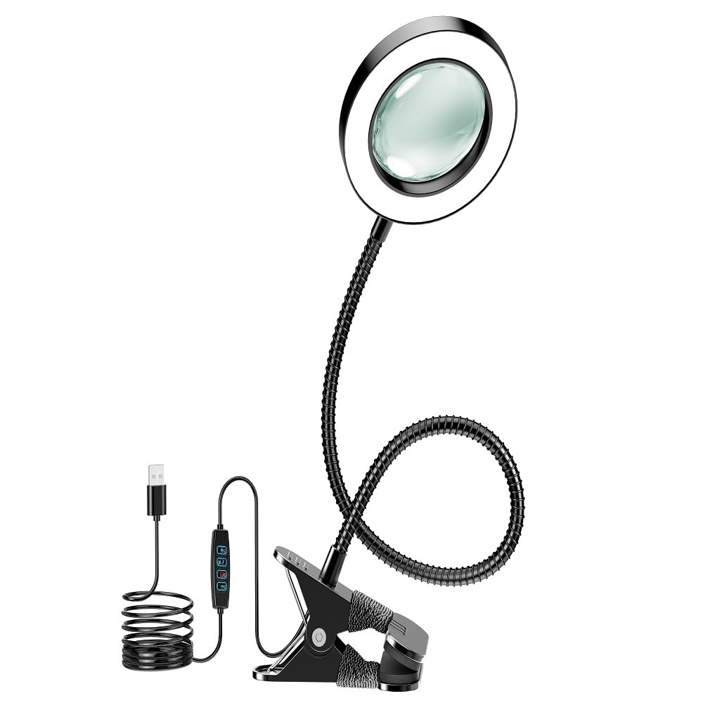 Photo 1 of 10X Magnifying Glass with Light and Timer, 2 in 1 Magnifying Desk Lamp, 3 Color Modes 10 Dimmable Brightness, Flexible Gooseneck Magnifier with Light for Craft Hobby Sewing Close Work(No Adapter)