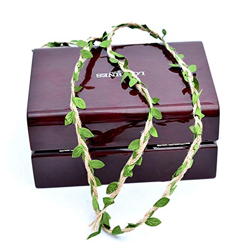 Ariskey Burlap Leaf Ribbo, 164Feet/50Meters Natural Jute Twine with Green Leaves for Wedding Packing and Garden Decoration Twine