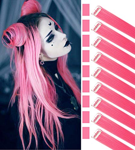 9PCS Pink Haripieces Colored Hair Extensions Clip in/on Girls&Dolls Wig Pieces Kids Color Hair Accessories