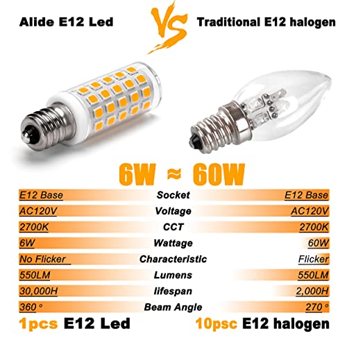 ALIDE E12 LED Candelabra Light Bulbs 6W C7,Replace E12 60 Watt Halogen Equivalent,Warm White 2700k T6 110V 120V Small Base E12 LED Bulbs for Ceiling Fan Chandelier Lighting,550lm(10Pack)