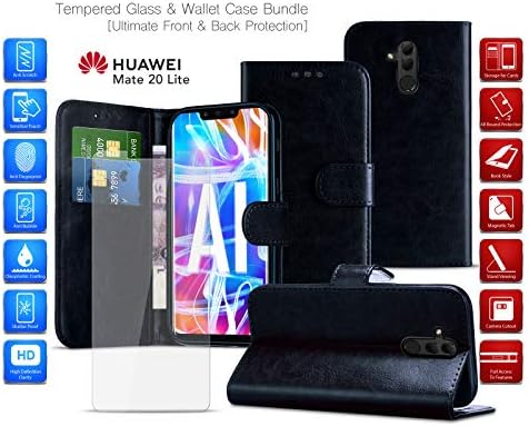 MobiBax Tempered Glass Screen Protector and Wallet Phone Case for Huawei Nova 3i (2018) INE-LX2 - Fingerprint Sensor Scanner, Card Slots and Magnetic Closure Tab Features in BLACK
