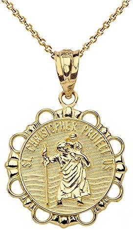 Solid 10k Yellow Gold St Christopher Round Catholic Charm Traveler Protection Necklace