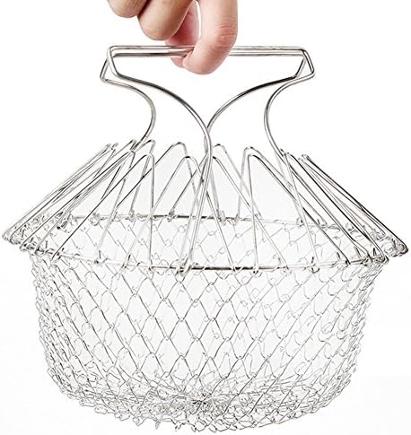 Chef Basket Stainless Steel Foldable Steam Rinse Strain Fry Cooking Tool for Fried Food or Fruits