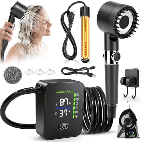 KingSom Camping Shower, Portable Shower with Heating, 8000mAh Rechargeable Electric Shower Pump, Adjustable Camping Showers with Large LED Smart Screen for Outdoor, Hiking