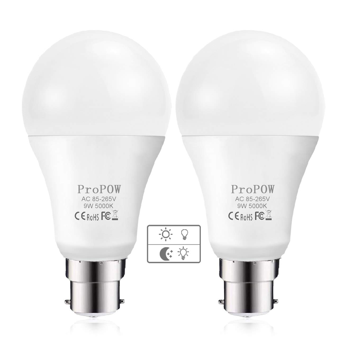 ProPOW Dusk to Dawn Light Bulb, 9W (60 Watt Equivalent) A60 LED Light Sensor Bulbs, Smart Automatic on/Off,Indoor/Outdoor Lighting Bulb for Porch Garage Hallway Patio (Daylight White, B22, 2-Pack)