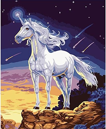 Wivilly Children's DIY Oil Painting By Numbers Kits,White Horse Under Star Sky 12 X 16 inch,Acrylic Colorful Drawing Educational Toys for Kids to Draw on Canvas