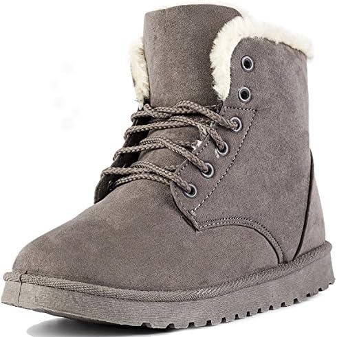 Keluomanduo Women's Winter Snow Boots Fur Liners Lace Up Short Basic Ankle Booties 7 Grey