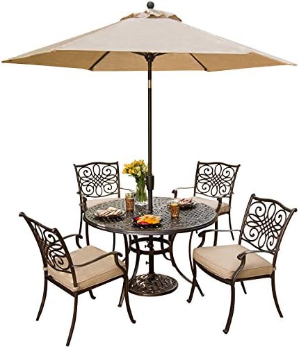 Hanover TRADITIONS5PC-SU Outdoor Furniture 5 Piece Traditions Deep Cushioned Dining Set with Umbrella, Bronze