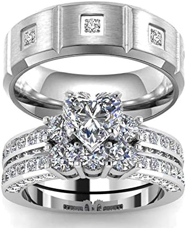 wedding ring set Two Rings His Hers Couples Rings Women's 10k White Gold Filled Heart CZ Wedding Engagement Ring Bridal Sets Men's Titanium Wedding Band