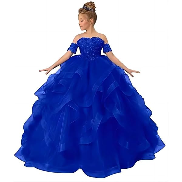 VeraQueen Girls Off-Shoulder Pageant Dress - Blue Tulle Princess Dress With Beaded Straps, Long Floor Length