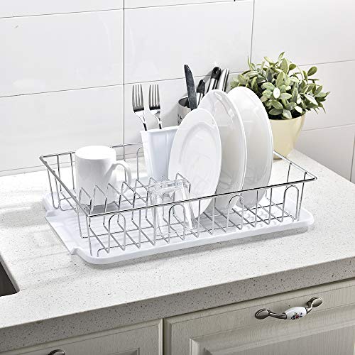 VCCUCINE Modern Kitchen White Chrome Metal Wire Dish Drying Rack, Dish Rack with Drainboard and Cutlery Cup Utensil Organizer Holder