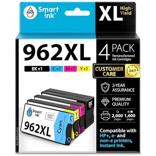 Smart Ink Remanufactured Ink Cartridges Replacement for HP 962XL 962 XL Combo Pack (962XL Black, Cyan, Magenta, Yellow) to use with OfficeJet Pro 9015e 9018e 9025e 9012e 9015 9010 9012 9018 9020 9025