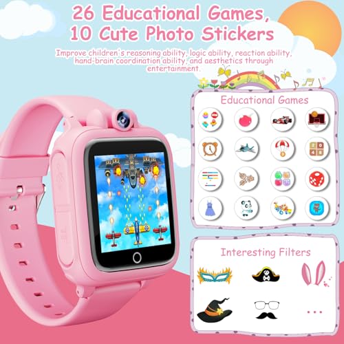 Diswoe Smart Watch for Children, Smartwatch Girl 3 4 5 6 7 8 9 10 11 12 Years, Gift Girl with 14 Games, 90° Rotating Camera, Alarm Clock and HD Touch Screen, Gifts for Boys and Girls