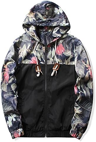 Mens Floral Printed Windbreaker Light Weight Zip Hooded Jackets Coat Outwear Black S