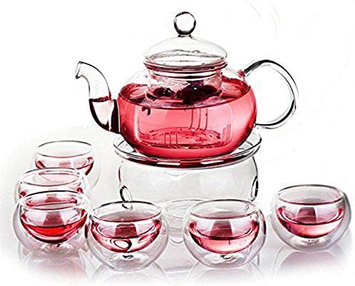 StarForest New Version 28 OZ Glass Filtering Tea Maker Teapot with a Warmer and 6 Tea Cups Set