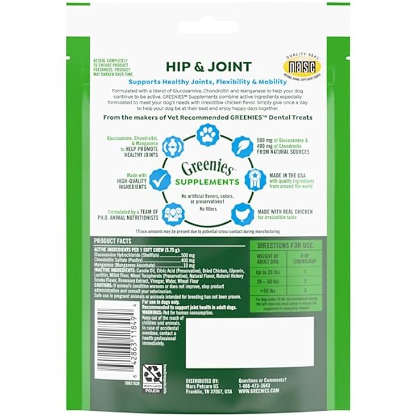 GREENIES SUPPLEMENTS HIP AND JOINT SUPPLEMENTS FOR DOGS, WITH CHONDROITIN & GLUCOSAMINE FOR DOGS, CHICKEN FLAVOR, 6.08 OZ. POUCH, 30 COUNT