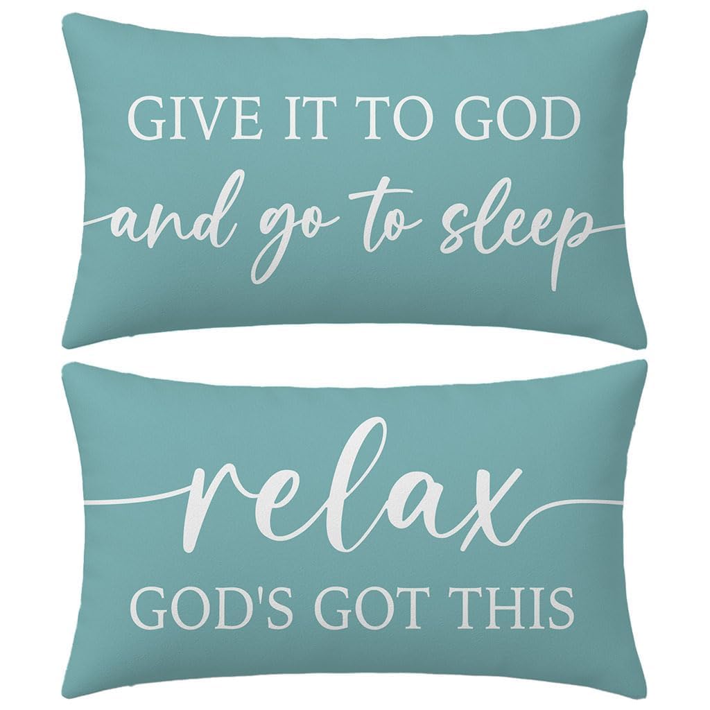 HERHOME Decorative Throw Pillow Covers 12x20 Inch Set of 2 – Turquoise Christian Lumbar Pillowcase – Give It to God and Go to Sleep/Relax God’s Got This – Beach Faith Bedroom Bed Decor