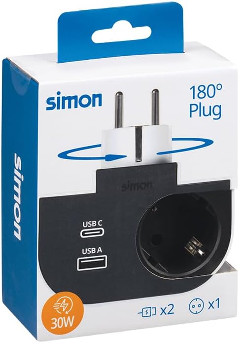 - Adattatore girevole Plug 1 presa 16A (250 V, 3680 W) + 2 porte USB A+C (30 W), rotazione di 180 gradi e ricarica rapida per cellulari e tablet, ideale per angoli o dietro i mobili, colore