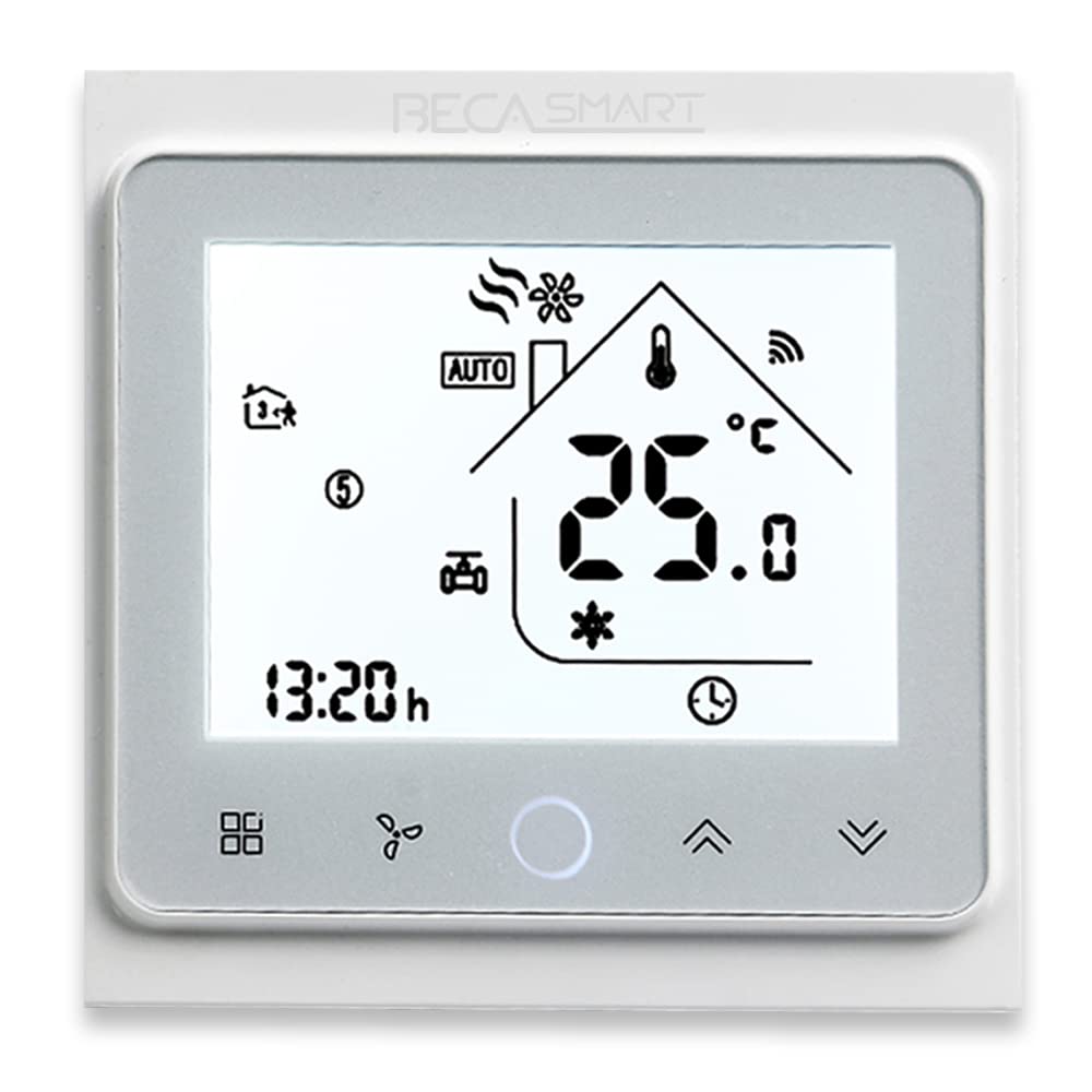 BecaSmart Series 002 Touch Screen Room Thermostat Four Pipe for Air Conditioning Fan Coil with WiFi Connection for Support Intelligent Voice (Four Pipe,Full White(WiFi))