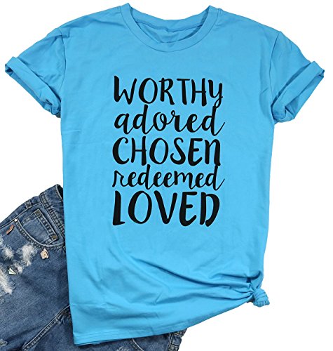 Women Livin' On A Prayer Letters Print Tops T-Shirt Short Sleeve Casual Blouse Size L (Blue)