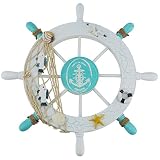 Ogrmar Mediterranean Nautical Wooden Boat Ship Steering Wheel/Handcrafted Wooden Ship Wheel Pirate Decor Wall Door Hanging Ornament Plaque (White Fish)