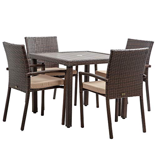 BELLEZE 5 Piece Rattan Patio Set, Slatted Wicker Dining Table and