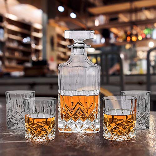 5 Piece Decanter Set - Heavy Based Old Fashioned Irish Cut Glassware for Whiskey, Scotch, Juice - Ideal for Dinner, Parties, and Special Events