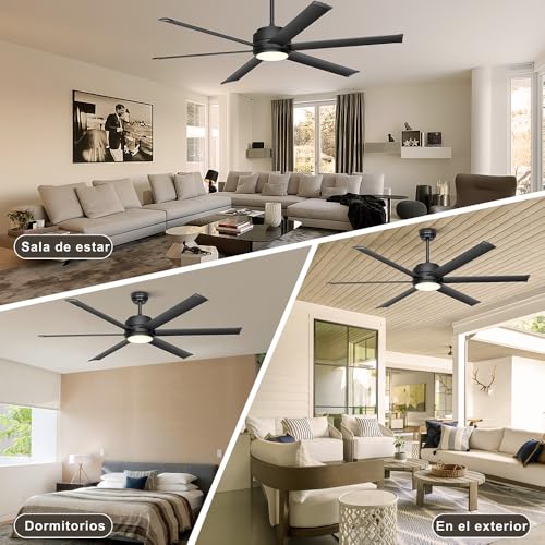 Ohniyou Ventilador de Techo con Luz, Ventilador de Techo Industrial de 60 Pulgadas con Control Remoto y APP, Regulable, Motor de CC, Ventilador de Techo Grande para Patio Sala de Estar, Negro