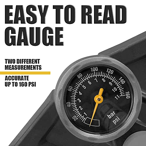 BV Bicycle Ergonomic Floor Pump with Gauge & Clever Air Valve, 160 psi, Reversible Presta and