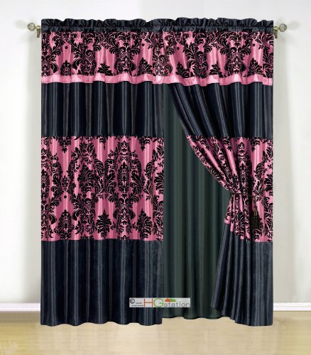 4-Pc Silky Poly-Satin Flocking Damask Floral Striped Curtain Set Hot Pink Black Valance Drape