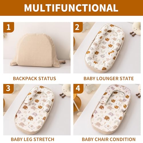 CENXI Baby Lounger, Foldable Infant Nest Pillow with Soft Memory Foam Mat, Cover with Adorable Pattern, Converts to Backpack for Easy Travel, Suit for 0-12 Months Infant (Elephant)