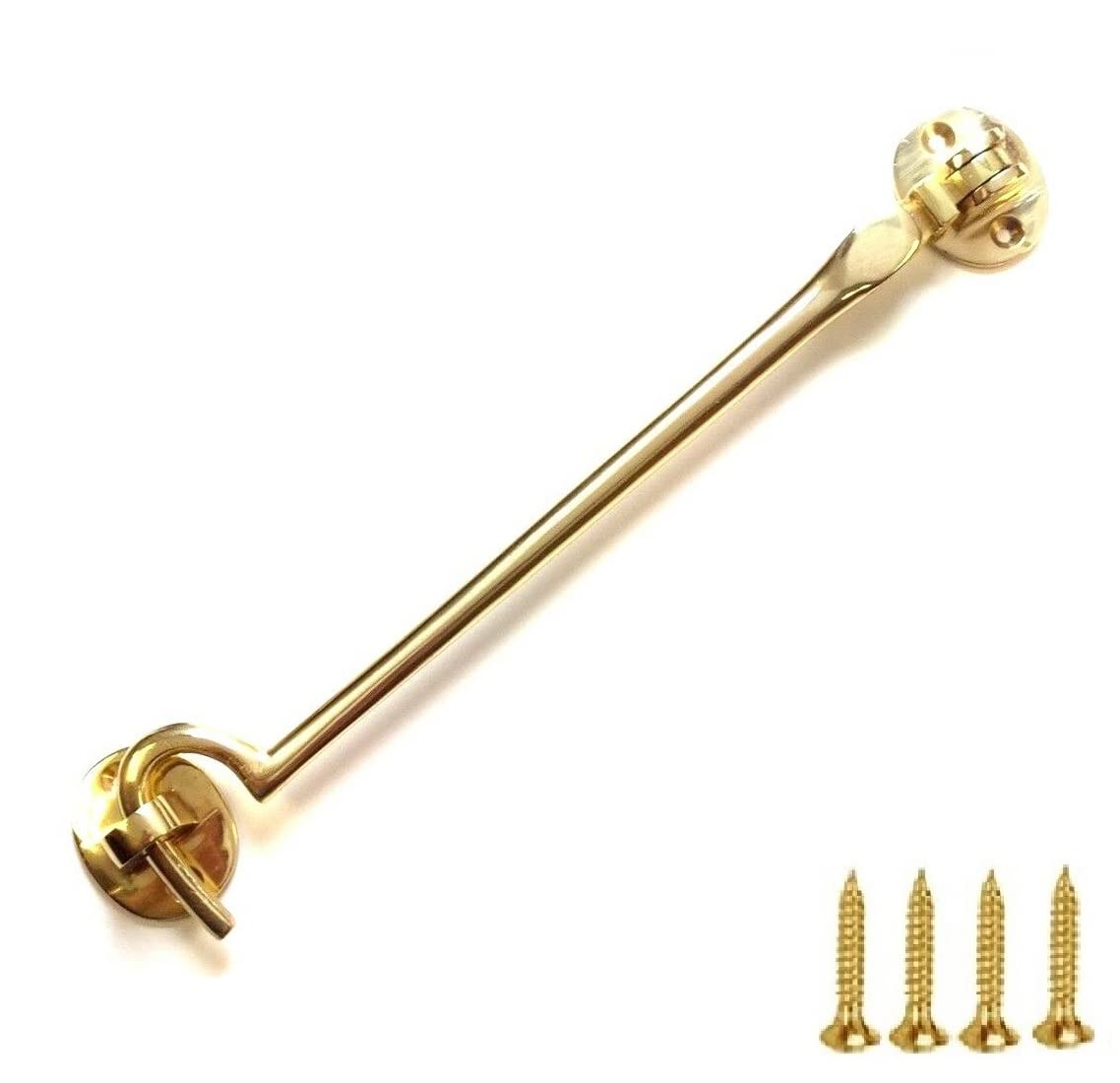 TERF® 200mm Heavy Duty Polished Brass Cabin Door Hook and Eye Lock 200mm (8 inch) Cabinet Latch including Fixing Screw For Door Gate Window Closet Shed Latch - Pack of 1