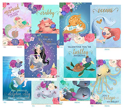Watercolor Mermaid Themed Valentine Day Classroom Sharing Card Set (20 Included)