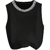 WDIRARA Women's Pearl Beaded Crew Neck Sleeveless Tank Top Going Out Tops