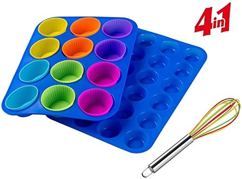 Muffin Pan 12 &amp; 24 Mini+Large Cup Sizes Silicone Baking Bakeware Set:With Cupscake Liners+ Whisk BPA Free Non Stick Dishwasher Safe Blue Trays