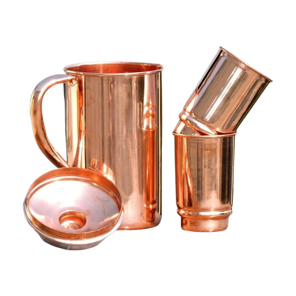 2activelife 1500ml 100% Pure Copper Pitcher with 2 Cups | Plain Drinking Water Pitcher with Glasses | Copper Pitcher Set with Lid and Cups | Water Bottle with Handle | Benefits for