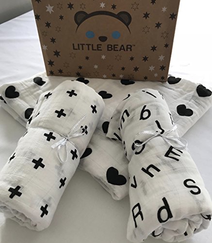Baby Muslin Swaddle Blanket by Little Bear, 3 Pack Monochrome Set - Crosses, Alphabet & Hearts, Extra Large 47 x 47 Inches, 100% Pure Cotton