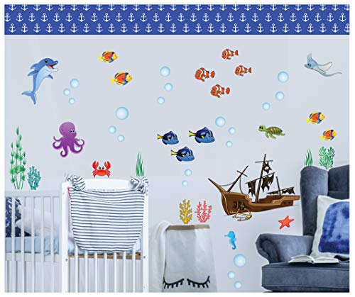 treepenguin Ocean Wall Decals for Kids Rooms – Under The Sea Fish Wall Decor - Bathroom Wall Stickers - Bedroom Bathtub Shower Sea Animal Decorations