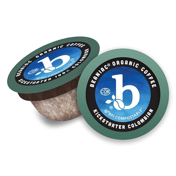 BEANIAC ORGANIC KICKSTARTER COLOMBIAN, MEDIUM LIGHT ROAST, SINGLE SERVE COMPOSTABLE K CUP COFFEE PODS, ORGANIC ARABICA COFFEE, KEURIG BREWER COMPATIBLE, 30 COUNT