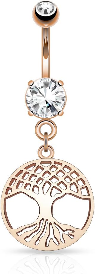 Cult piercing, belly button piercing with rose gold Tree of Life barbell.