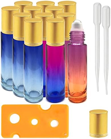 Le Fu Li 12 Pcs 10 ml Glass Roller Bottles with Stainless Steel Roller Balls for Essential Oil, Essential Oils Opener, 3ml Droppe