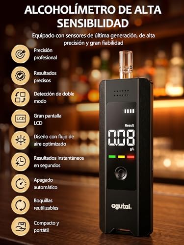 Alcoholimetro Homologado Test Alcoholemia Profesional : Recargable Alcohol Test Etilometro de Alta Precisión - Alcoholímetro Portátil con Pantalla LCD Digital y 10 Boquillas Test de Alcoholemia Negro