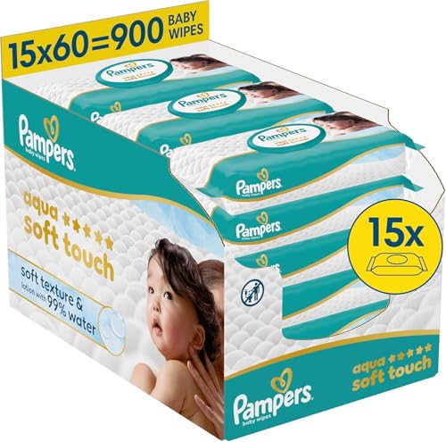 Pampers Aqua Soft Touch Baby Wipes, 15 Packs of 60 Wipes = 900 Baby Wipes, Soft Texture & Lotion with 99% Water