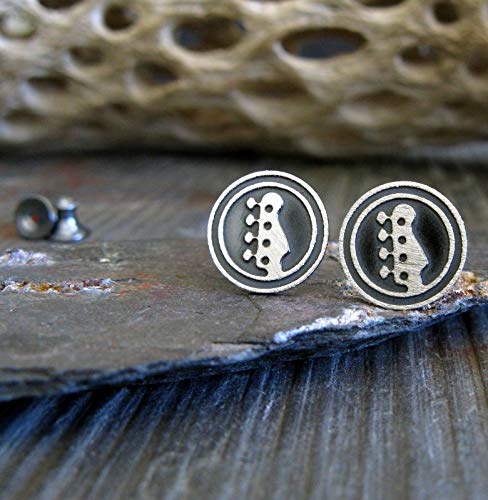 Bass Guitar Stud Earrings Brushed Sterling Silver Handmade in USA