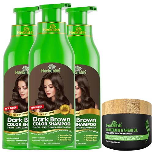 Herbishh Ultimate Hair Color Shampoo Kit (3Pcs Hair Color Shampoo Dye +1 Argan Hair Mask) Smooth And Long Lasting Color Shampoo For Grey Hair Men & Women Easy & Quick To Use-Combo4 (Dark Brown)