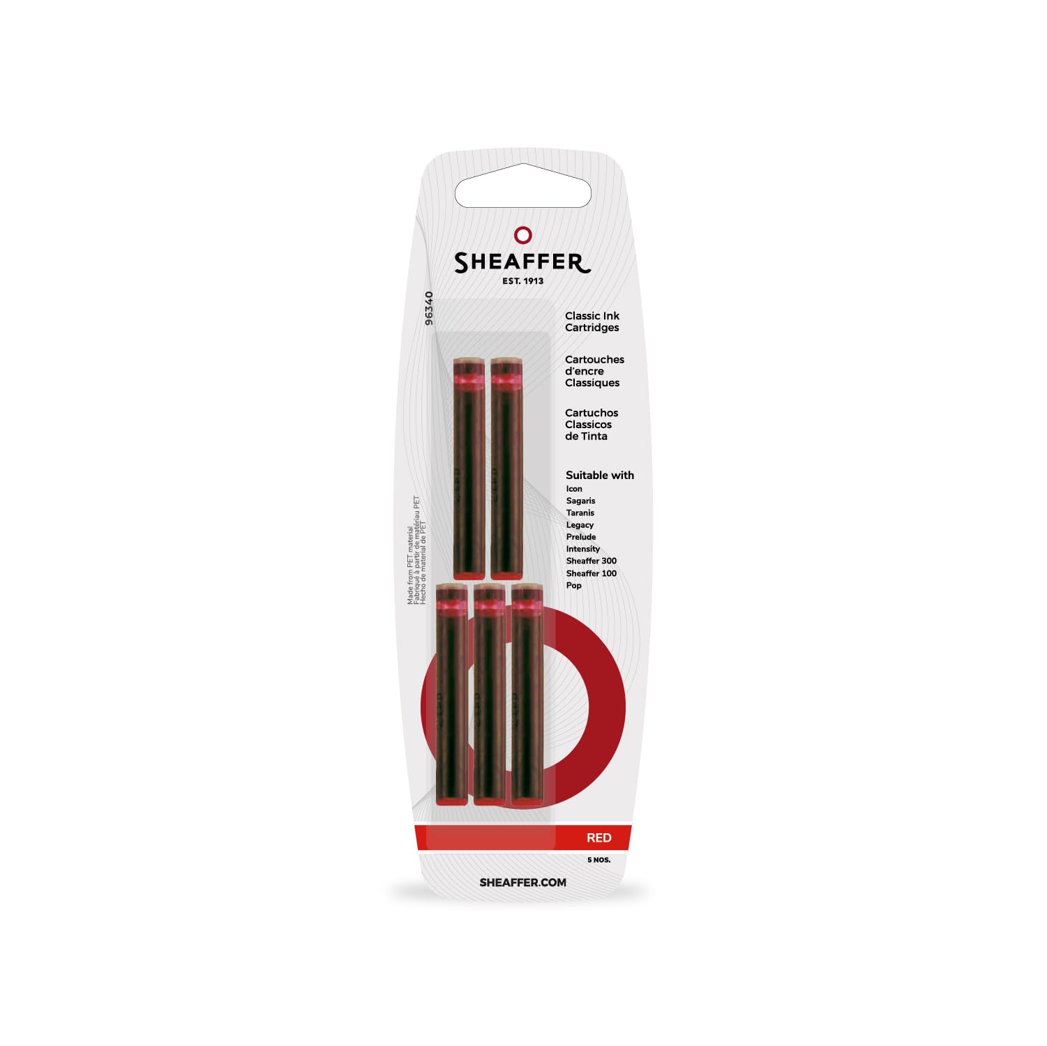 Sheaffer Skrip - Classic Fountain Pen Ink Cartridge, Pack of 5, red
