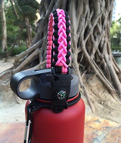 Flask Paracord Handle Holder for Wide Mouth Bottle，Carrier Survival Cord with Safety Ring and Carabiner for Hydro Flask Nalgene CamelBak Wide Bottles 12oz 18oz 32oz 40oz (w-Black/Pink)